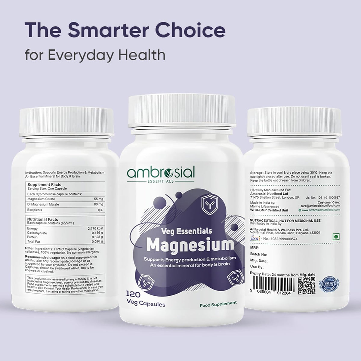 Three bottles of ambrosial Veg Essentials Magnesium supplement on a light purple background.