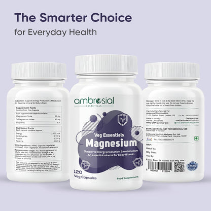 Three bottles of ambrosial Veg Essentials Magnesium supplement on a light purple background.