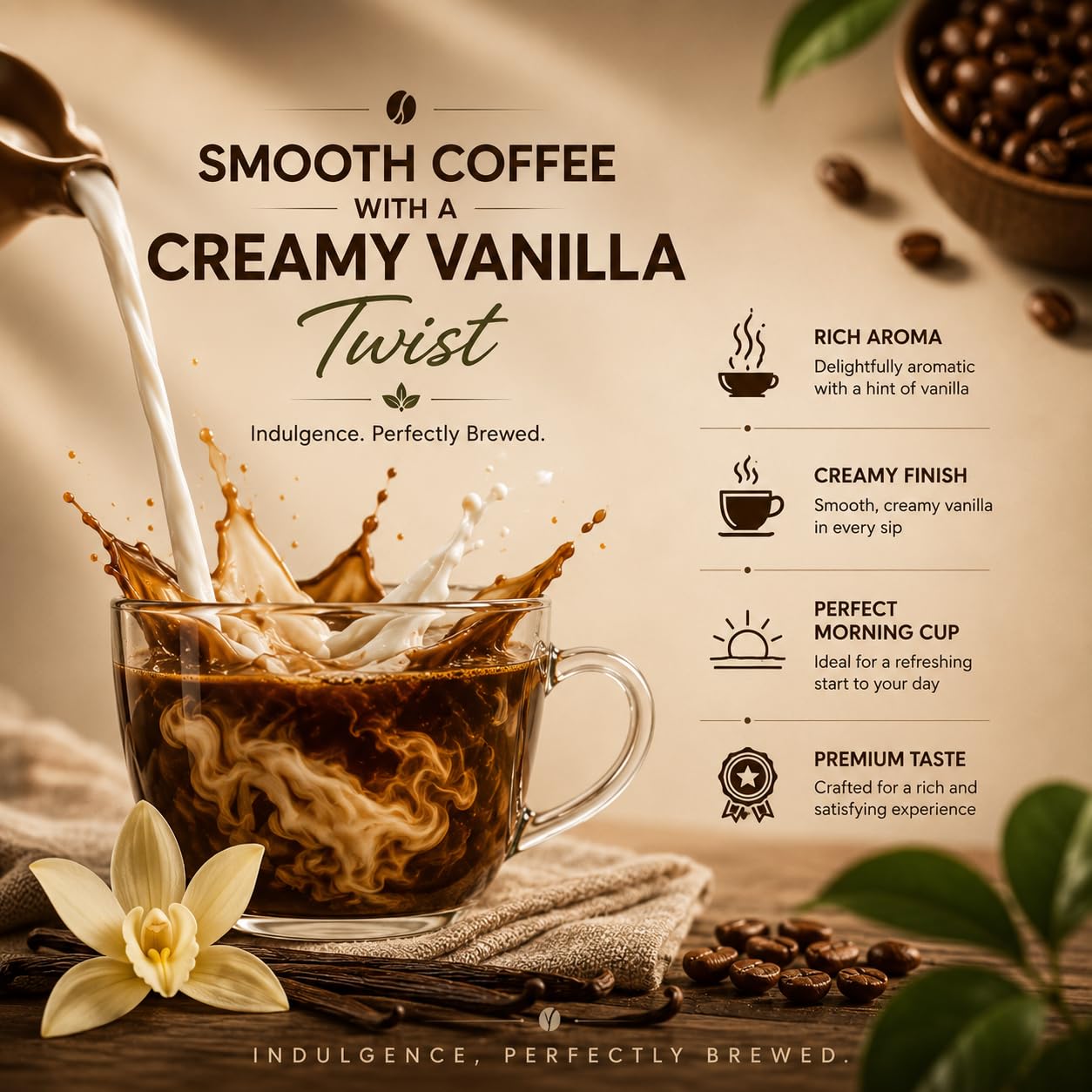 EVORA Greens 100gm Instant Coffee Powder | Vanilla Flavour | Coffee with Arabica & Robusta Blend - Medium Roast | Make Café Style Hot or Cold Coffee, black Coffee, Cappuccino, Latte at Home | Make 50 Cups