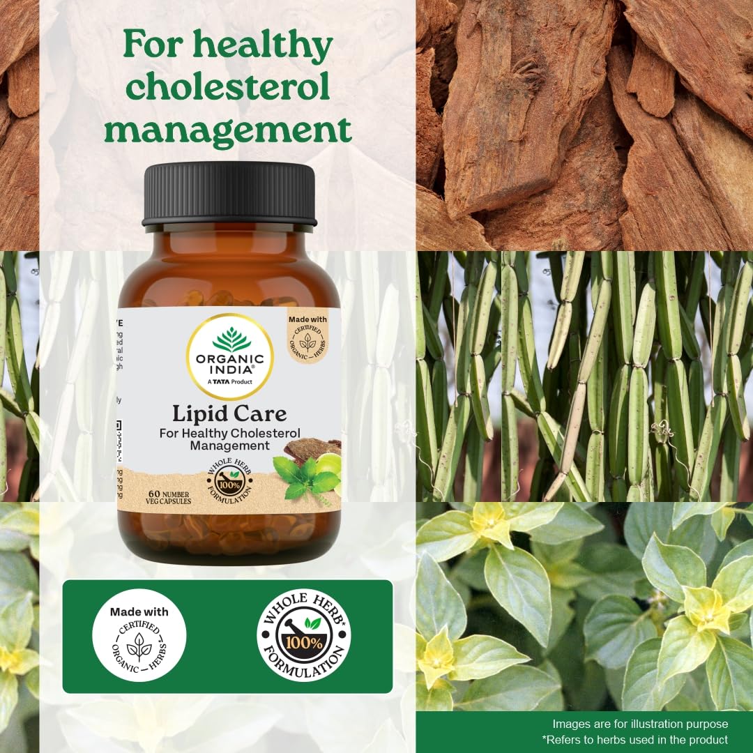 Bottle of Organic India Lipid Care supplement with images of herbs and wood.