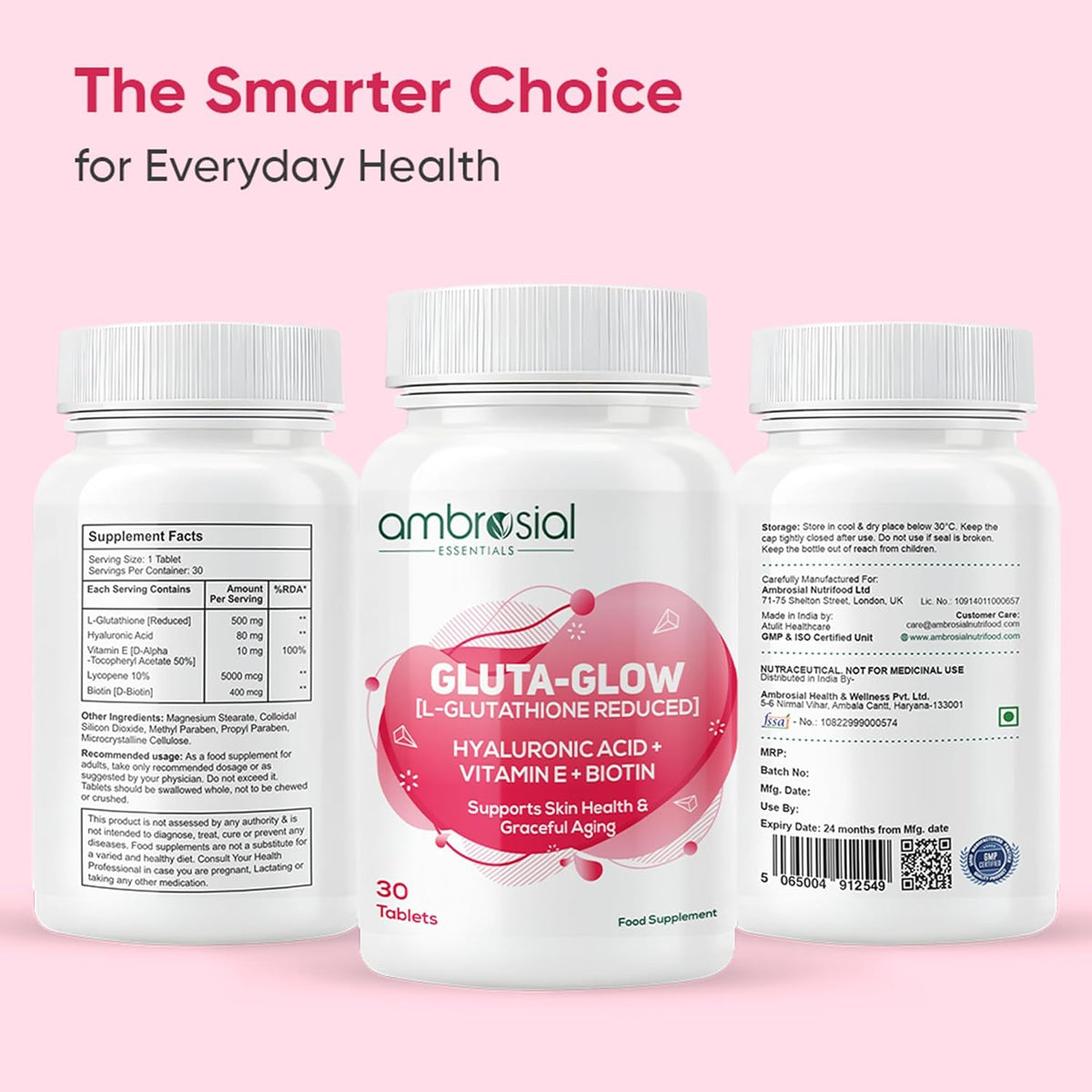 Three bottles of ambrosial Gluta-Glow supplement on a pink background with text 'The Smarter Choice for Everyday Health'.