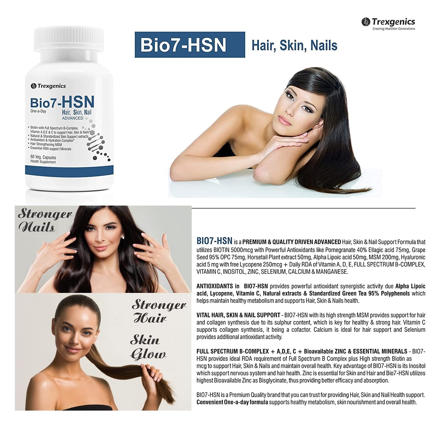 Trexgenics BIO7-HSN HAIR, SKIN & NAILS ONE-A-DAY Advanced Formula, Vegetarian & Gluten Free(60 Veg. Capsules) (Pack of 1)