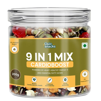 QuicSnacks 9-in-1 Cardioboost Seed Mix | Omega-3 Rich Trail Mix | Crunchy & Flavorful Snack | Healthy Nuts & Dry Fruits for Heart Health & Circulation