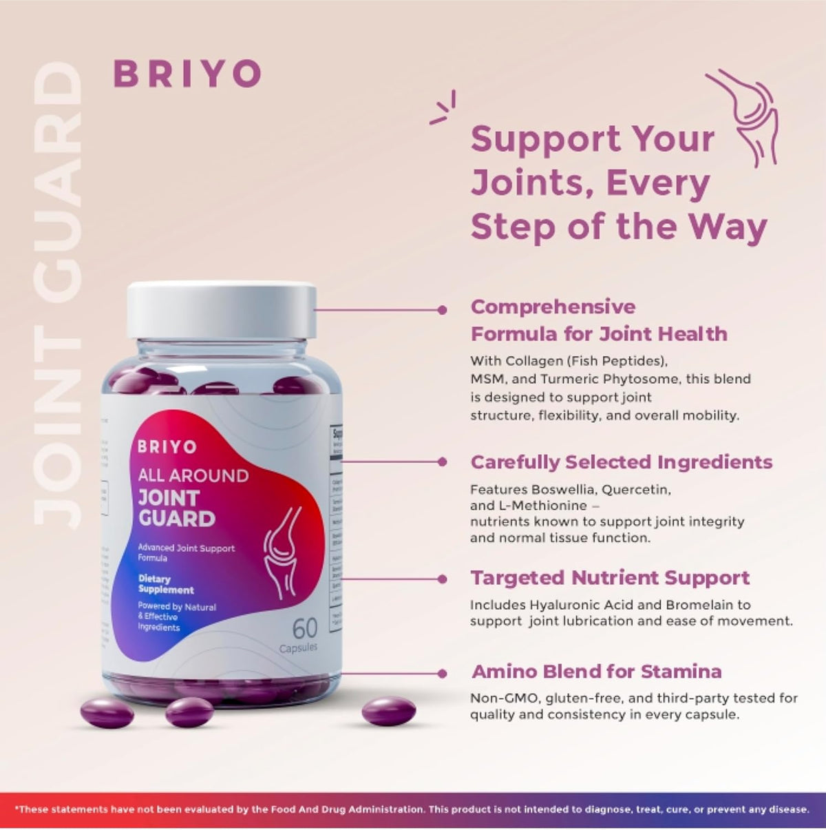 Briyo All Around Joint Guard supplement bottle with product details on a light pink background
