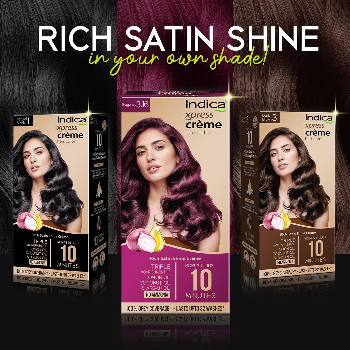 Indica Xpress Crème Hair Color Natural Black 1 | 60g+75ml | 10min Color | No Ammonia | Onion, Coconut & Argan Oil | 100% Grey Coverage | Lasts Up to 32 Washes
