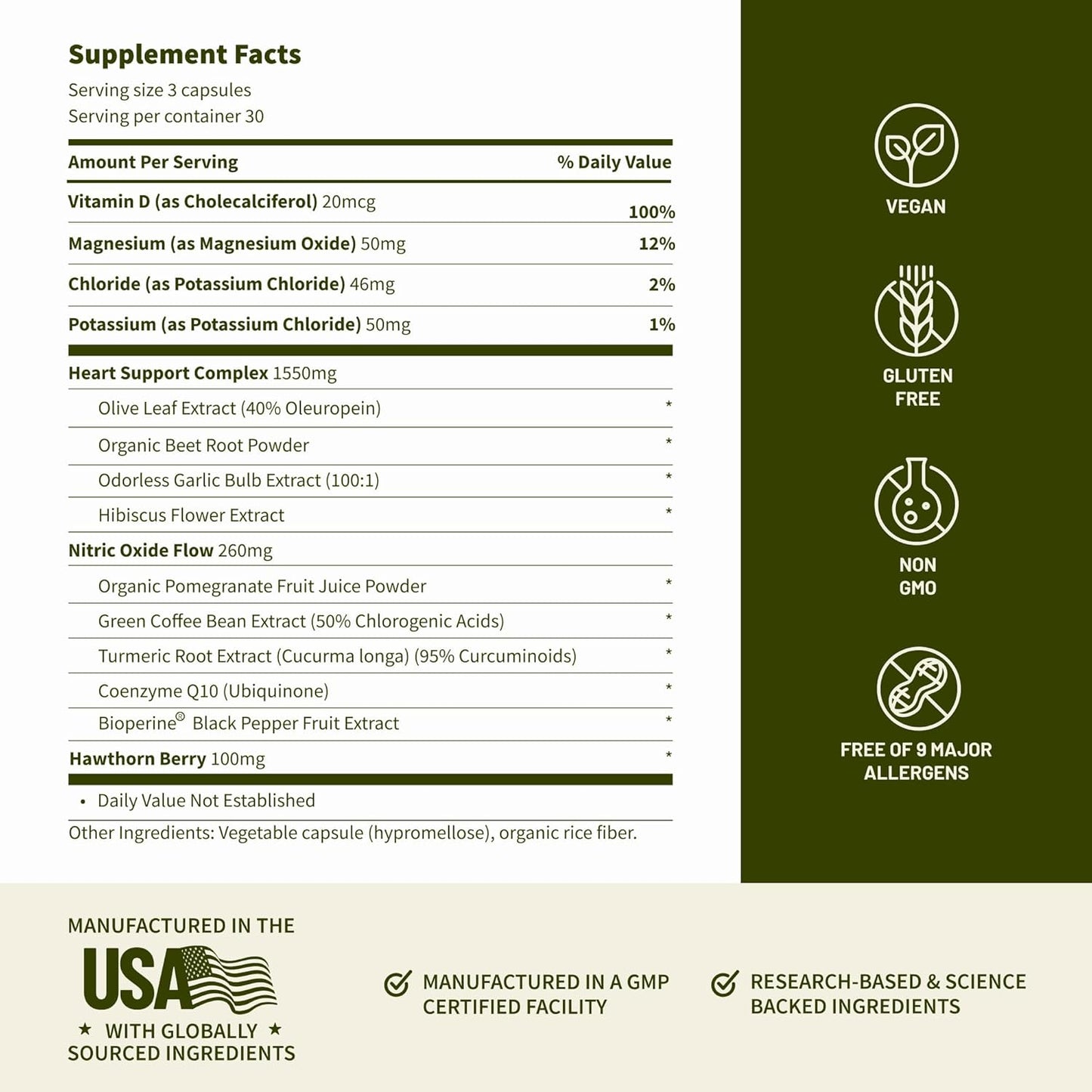 Supplement facts label with ingredients and certifications on a green and white background