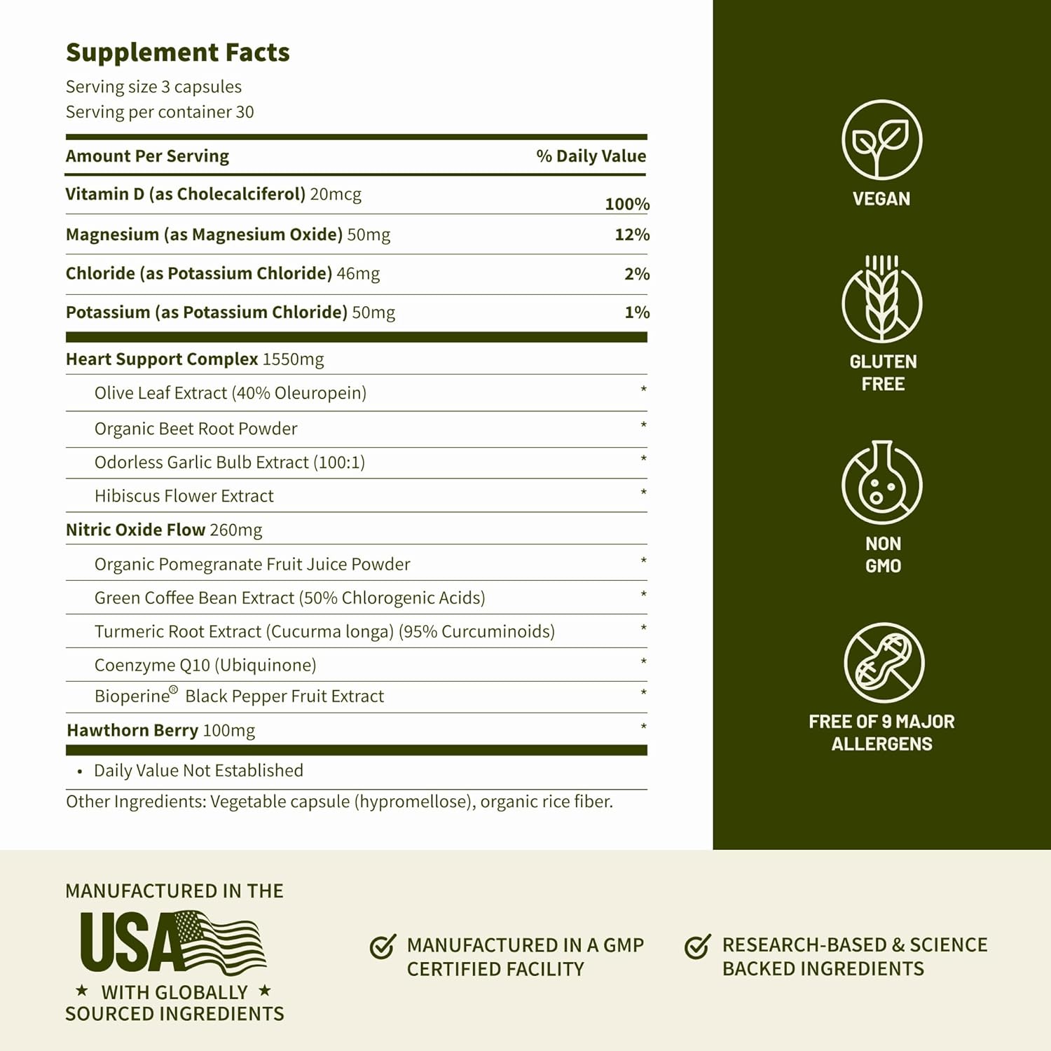 Supplement facts label with ingredients and certifications on a green and white background