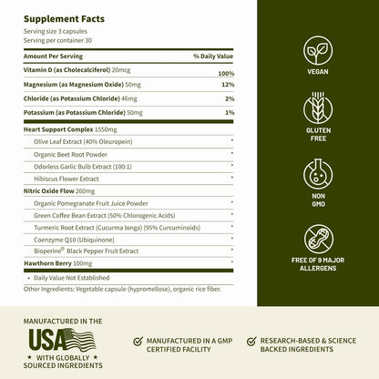 Supplement facts label with ingredients and certifications on a green and white background