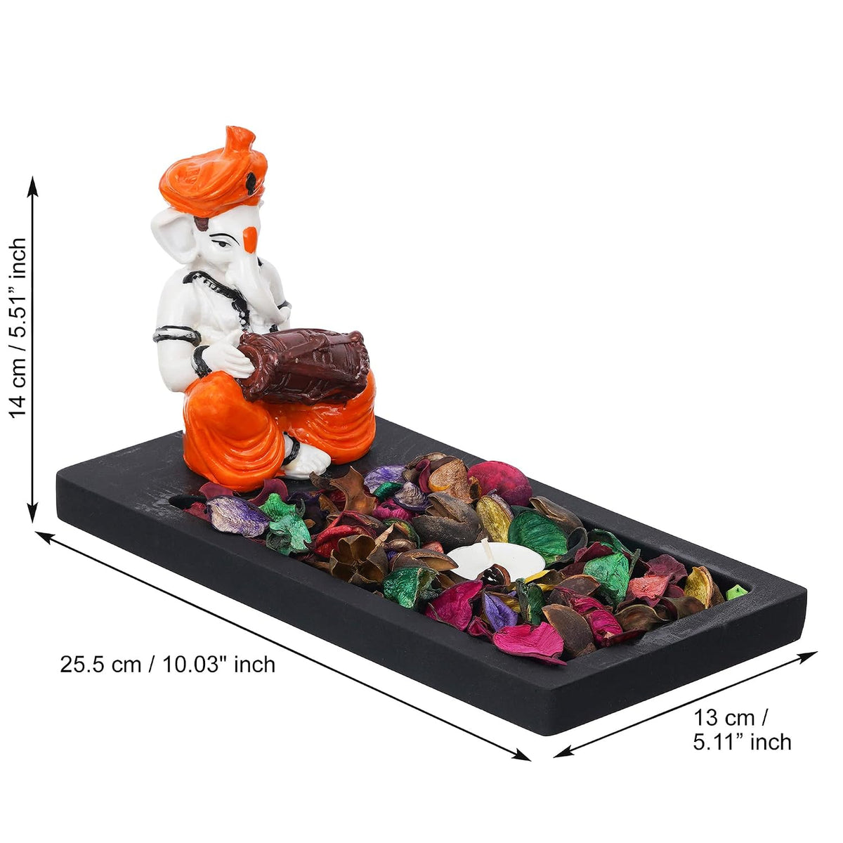 Orange White Resin Lord Ganesha Statue Playing Dholak Showpiece Potpourri Rectangle Tea Light Candle Holder|Ganpati Murti Tea Light Holder Diwali Decoration Item for Home Decor|Diwali Gift