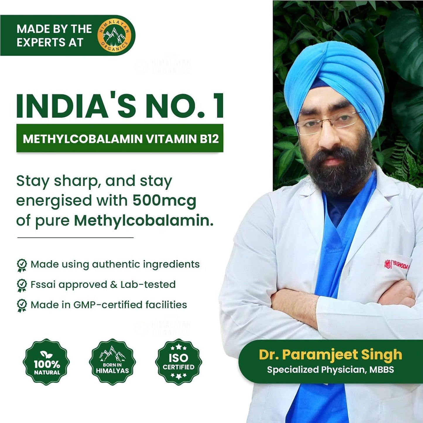 Vlado's Himalayan Organics Vitamin B12 Supplements 500 mcg - Methylcobalamin B12 Vitamin Tablets for Men & Women - 60 Veg Tablets