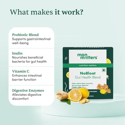 Man Matters NoBloat Gut health Blend for Gut Health, Better Digestion & Immunity | Relieves Bloating & Improves Metabolism | 5 Billion CFU | 15 Sachets