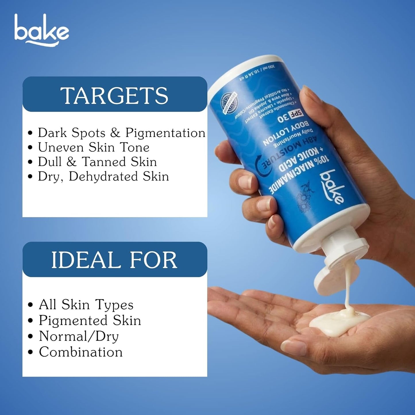 BAKE 10% Niacinamide Body Lotion SPF 30 with Kojic Acid for Acne Marks, Dark Spots & Pigmentation, 48H Moisturizing, Tan Removal | For Women & Men | 300ml