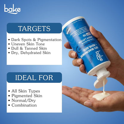 BAKE 10% Niacinamide Body Lotion SPF 30 with Kojic Acid for Acne Marks, Dark Spots & Pigmentation, 48H Moisturizing, Tan Removal | For Women & Men | 300ml