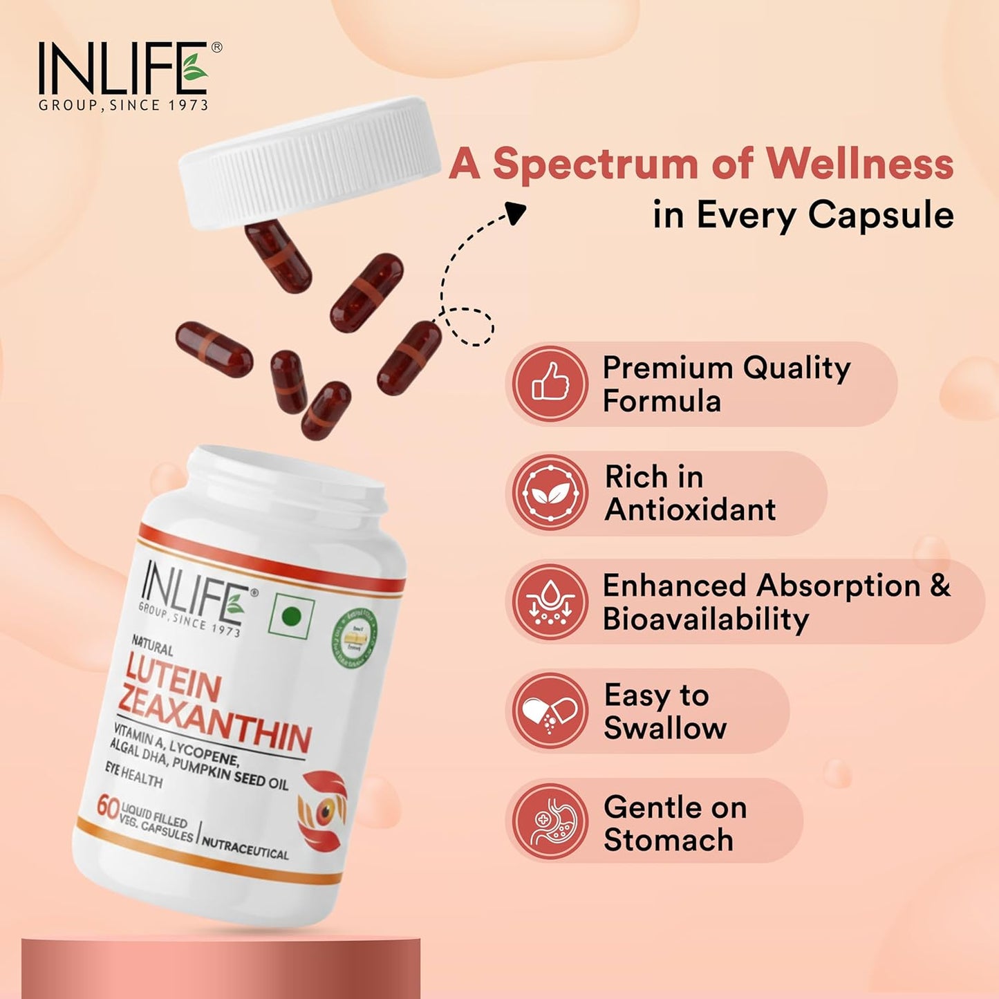 INLIFE Lutein (10mg) and Zeaxanthin (2mg) Supplements with Vitamin A, Lycopene, Algal DHA & Pumpkin Seed Oil | Supports Eye Health & Sleep, Cognitive Function - 60 Veg Capsules