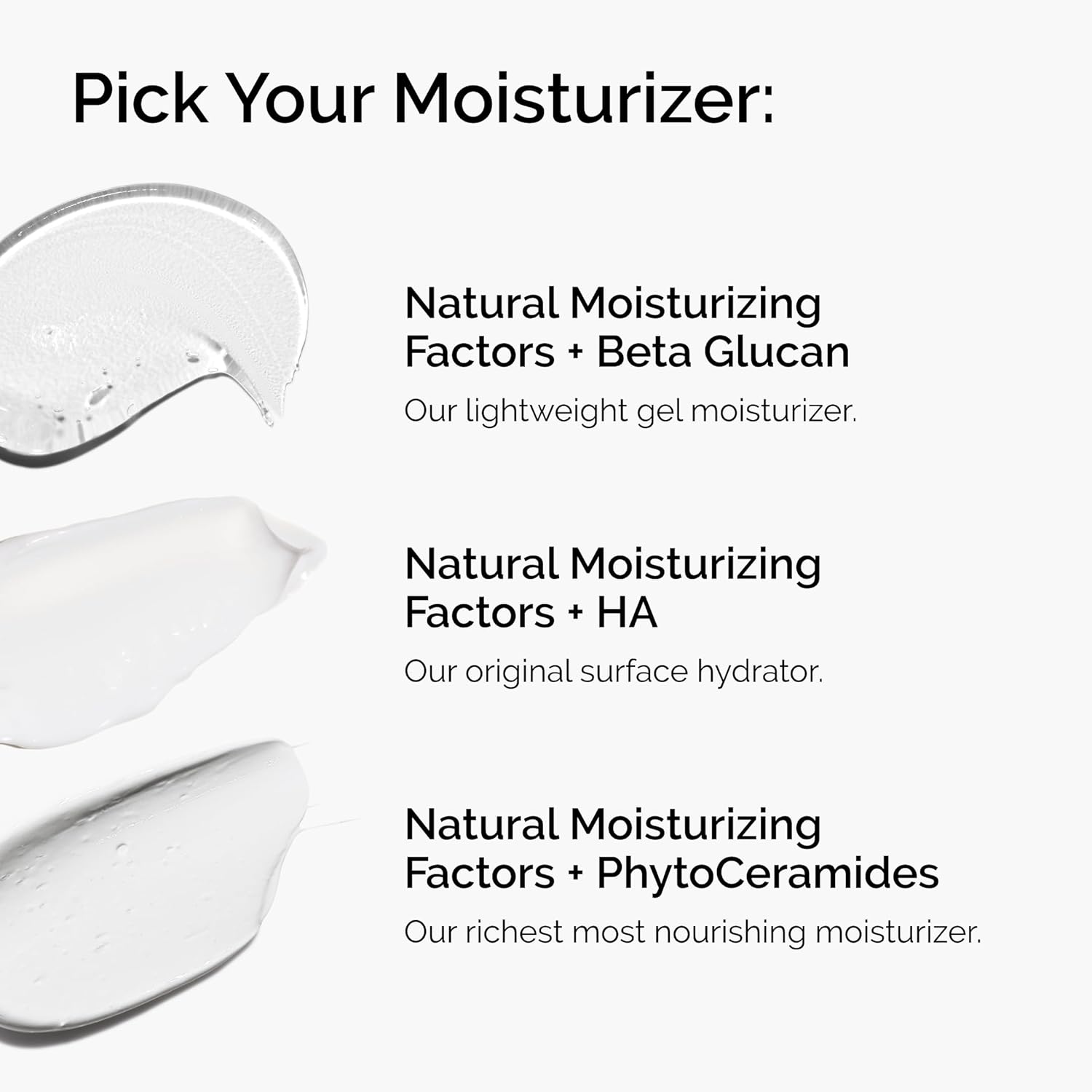Text detailing different moisturizers with product images on a white background