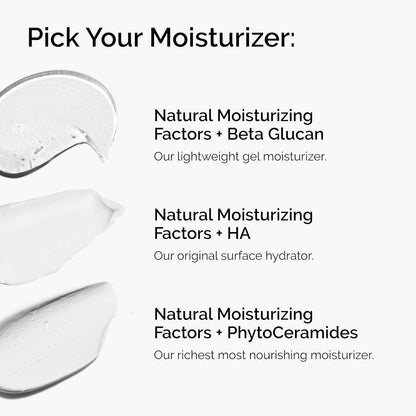 Text detailing different moisturizers with product images on a white background
