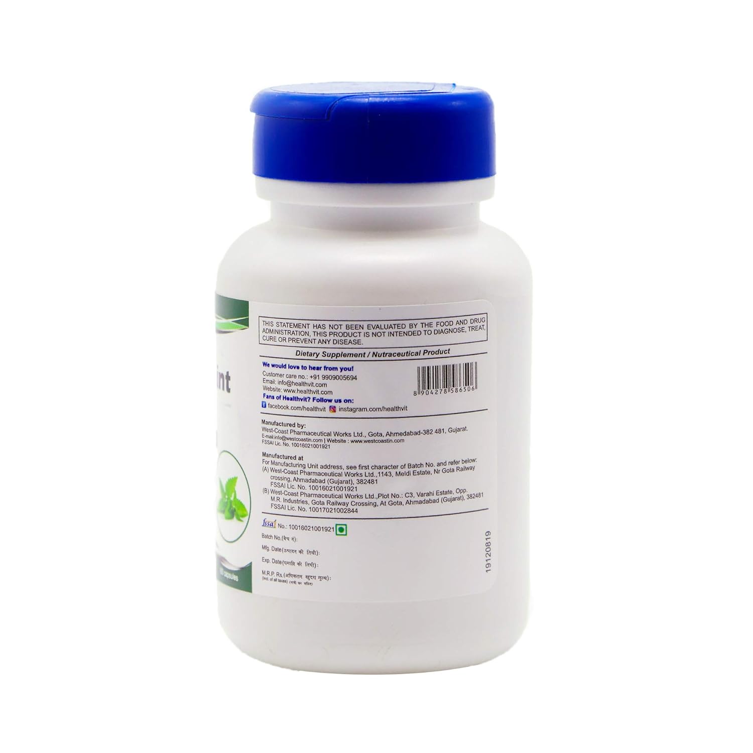 White supplement bottle with blue cap on a white background