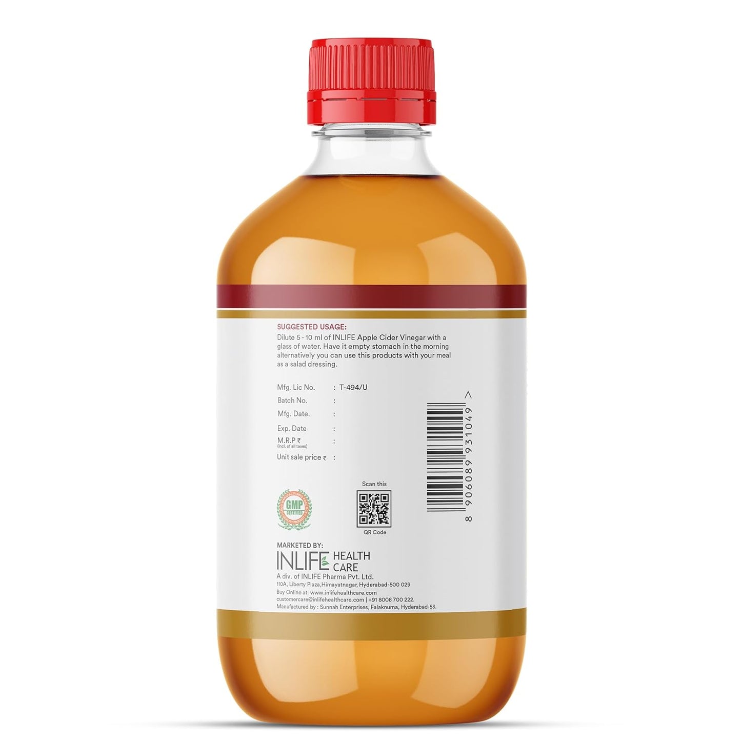 INLIFE Apple Cider Vinegar with Garlic Ginger Lemon Honey | Mother of Vinegar Raw Unfiltered Unpasteurized, 500 ml