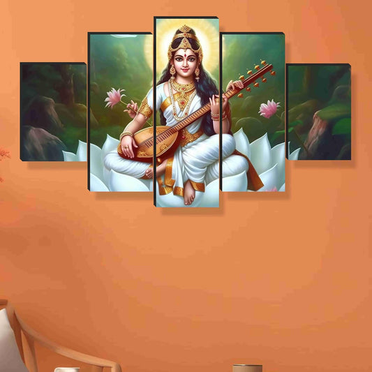 Saraswati ma Paintings for Wall Decoration - Set Of Five, 3d modern art Painting for Living Room Large Size with Frames for Home Decoration, Hotel, Office 76.2 cm x 45 cm SANFPNLS35481