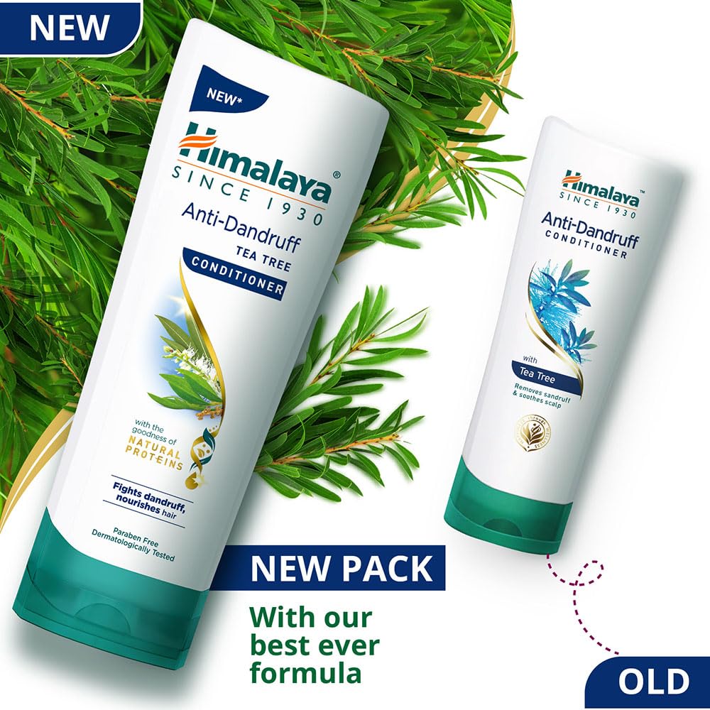 Himalaya Anti-Dandruff Tea Tree Conditioner and Conditioner with green leaves in the background