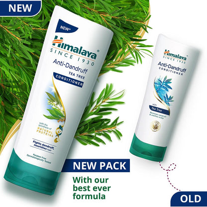 Himalaya Anti-Dandruff Tea Tree Conditioner and Conditioner with green leaves in the background