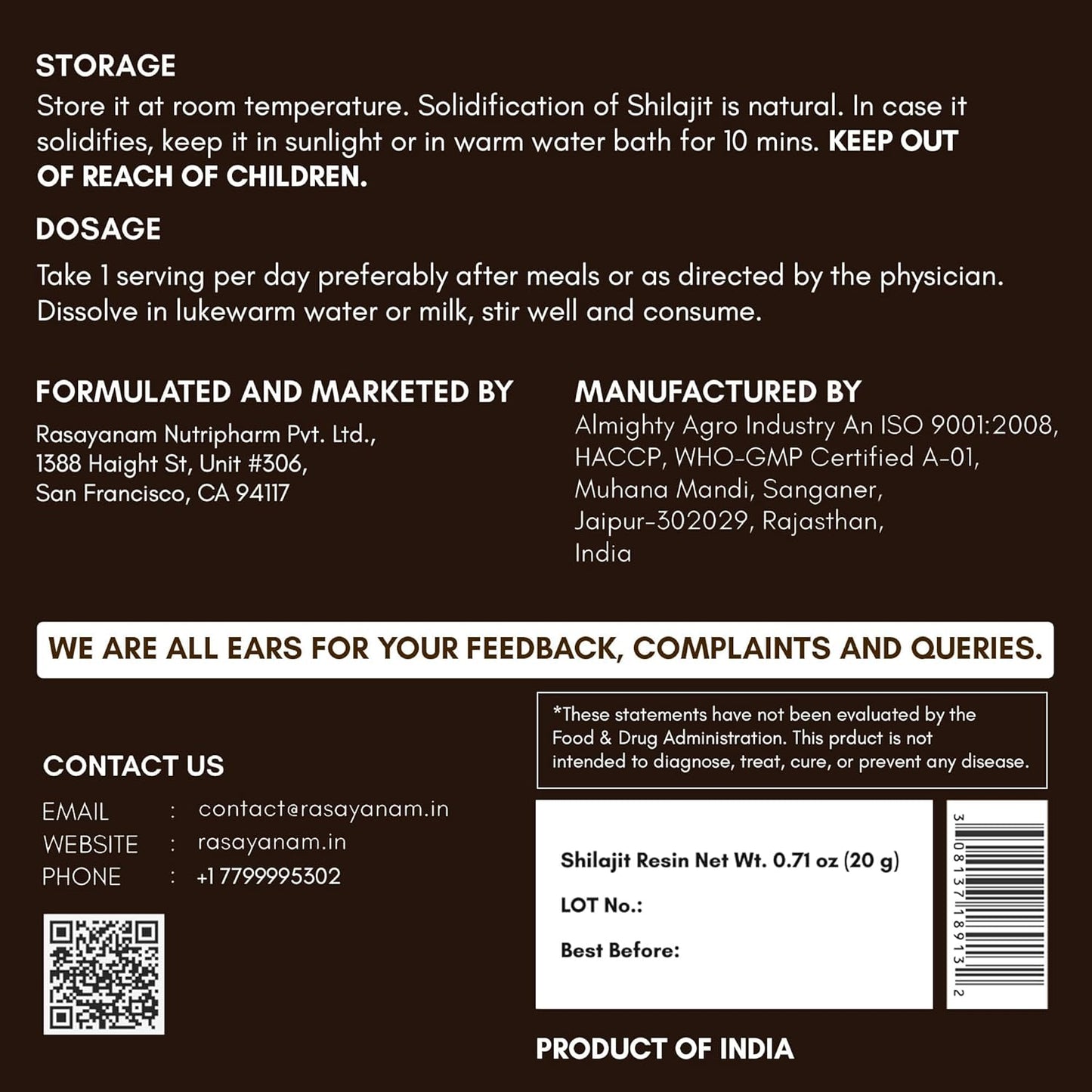 Back label of a Shilajit product with storage instructions, dosage information, and contact details.