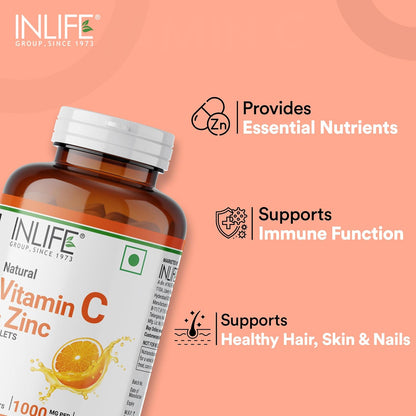 INLIFE Natural Vitamin C Amla Extract With Zinc For Immunity & Skin Care - 60 Veg Tablets (Pack of 1, 60)