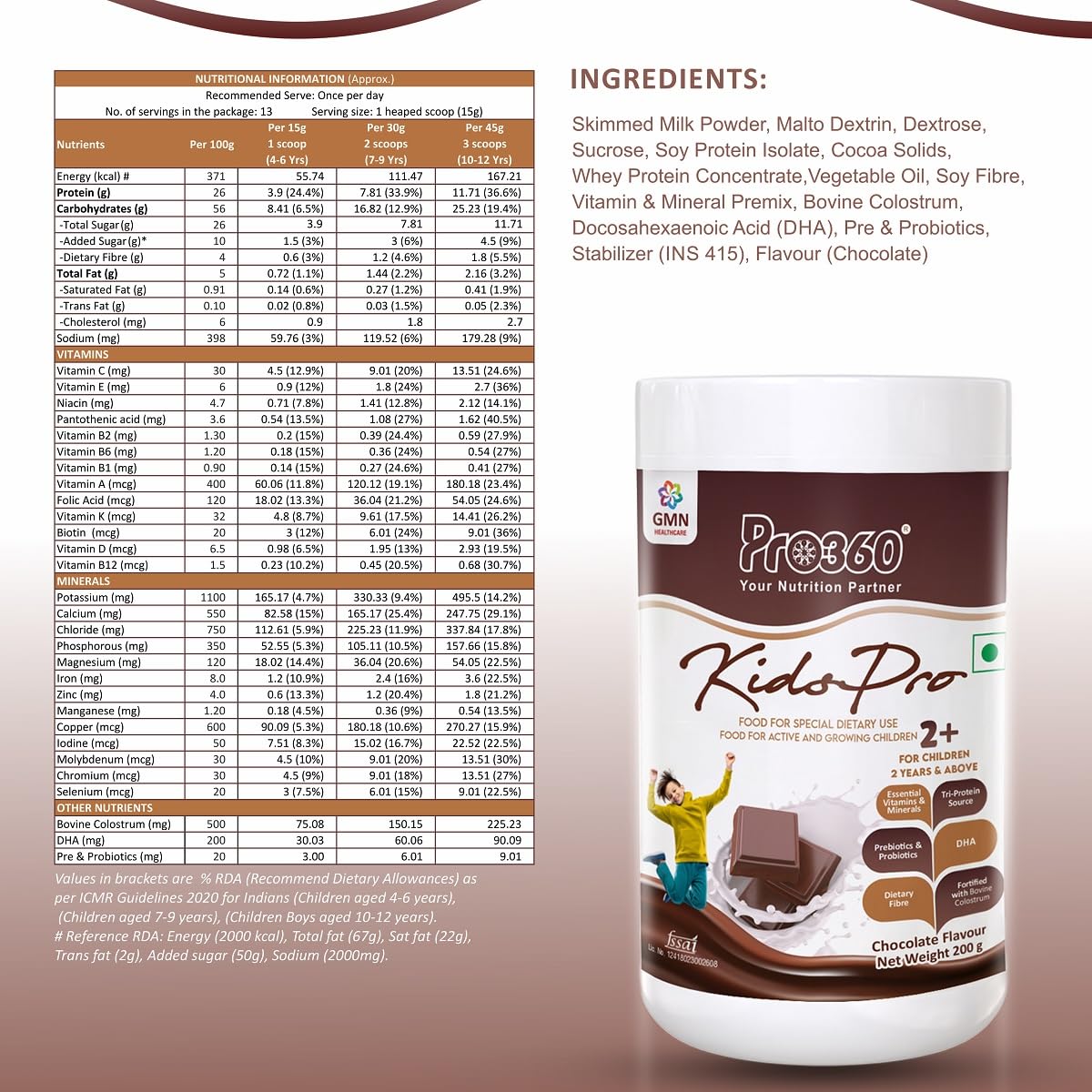 Pro360 Kidspro Protein Powder Child Nutrition & Health Supplement for Growing Children, Improves Growth and Active Strong Kids – 200g (Chocolate Flavor)