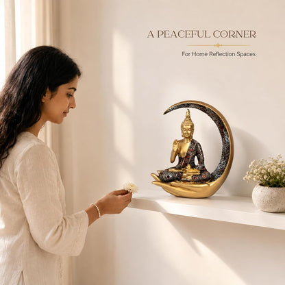 10 Inches 3D Resin Lucky Golden Crescent Moon Meditating Buddha Statue | Lord Gautam Buddha Idol for Home Decor, Living Room, Office & Gifting