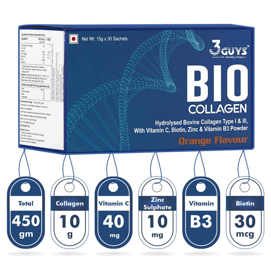 3 Guys Collagen Supplement, Orange Flavor, 15g x 30 Sachet, 450g | Hydrolyzed Collagen Peptides Type 1 & 3, For Skin, Hair, Nail, Knee Joints & Bones, With Biotin, Vitamin C & B1, Zinc