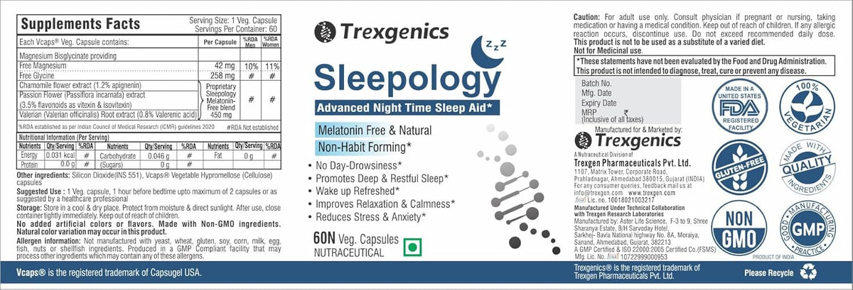 Sleepology supplement label by Trexegenics with various logos and text on a white background