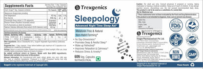 Sleepology supplement label by Trexegenics with various logos and text on a white background
