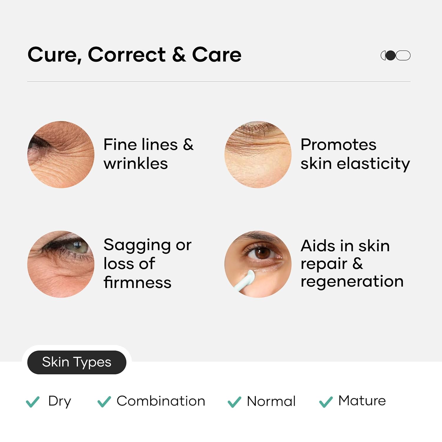 Skincare benefits and skin types on a white background