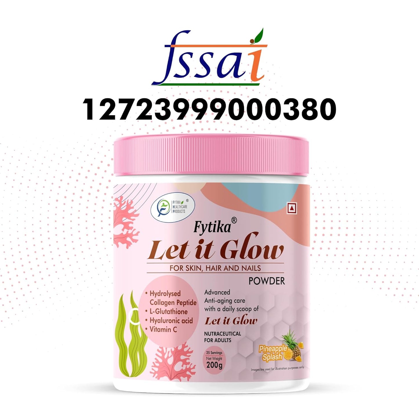 Fytika Let it Glow powder container with FSSAI logo and contact number on a white background