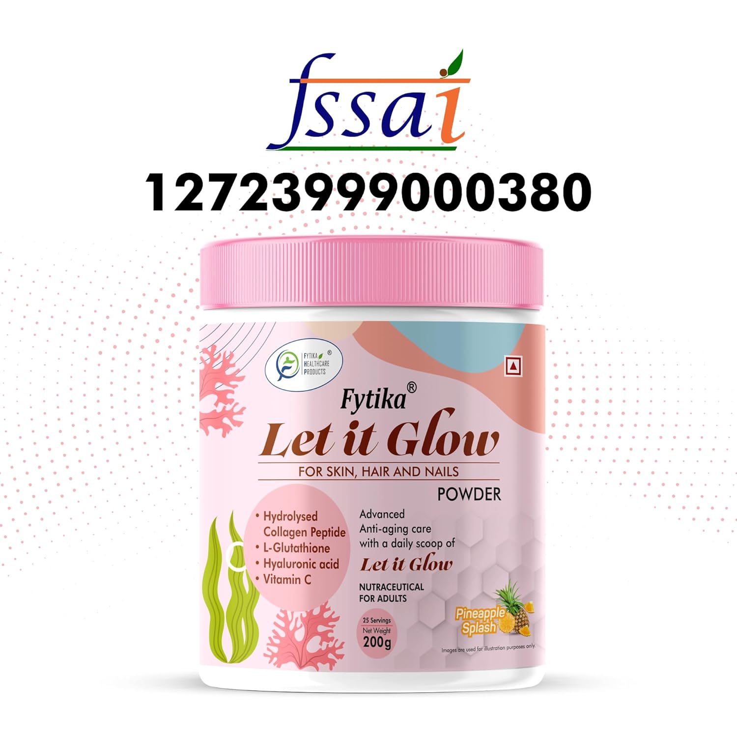 Fytika Let it Glow powder container with FSSAI logo and contact number on a white background