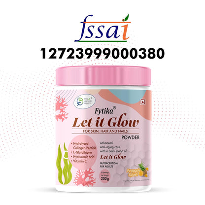 Fytika Let it Glow powder container with FSSAI logo and contact number on a white background