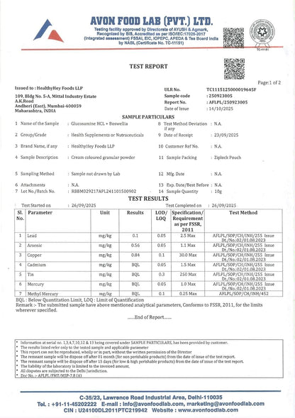 Avon Food Lab test report for a food product