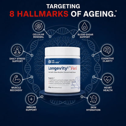 The Oak Age Longevity Supplement Powder| 10 Proven Ingredients in 1 Daily Scoop| Supports Sleep, Energy, Skin Hydration & Heart Health| Glycine, Taurine, AstaReal Astaxanthin, Vitamin D3 & K2| Fruit Punch Flavour