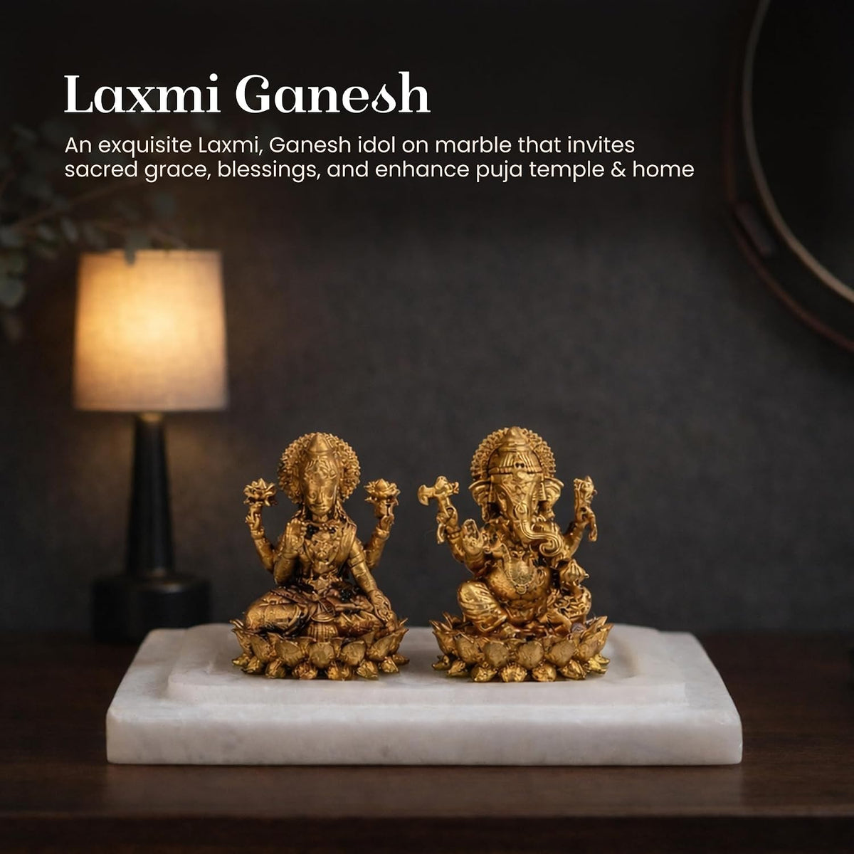 Brass Lakshmi Ganesh Idol Set on Marble Base | Laxmi Ganesh Murti for Pooja, Home Temple & Mandir | Hindu God Brass Statue (Design 01: L8 x W5 x H4 cm)