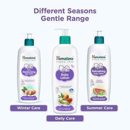 Three bottles of Himalaya baby lotion with labels for different seasons on a white background.