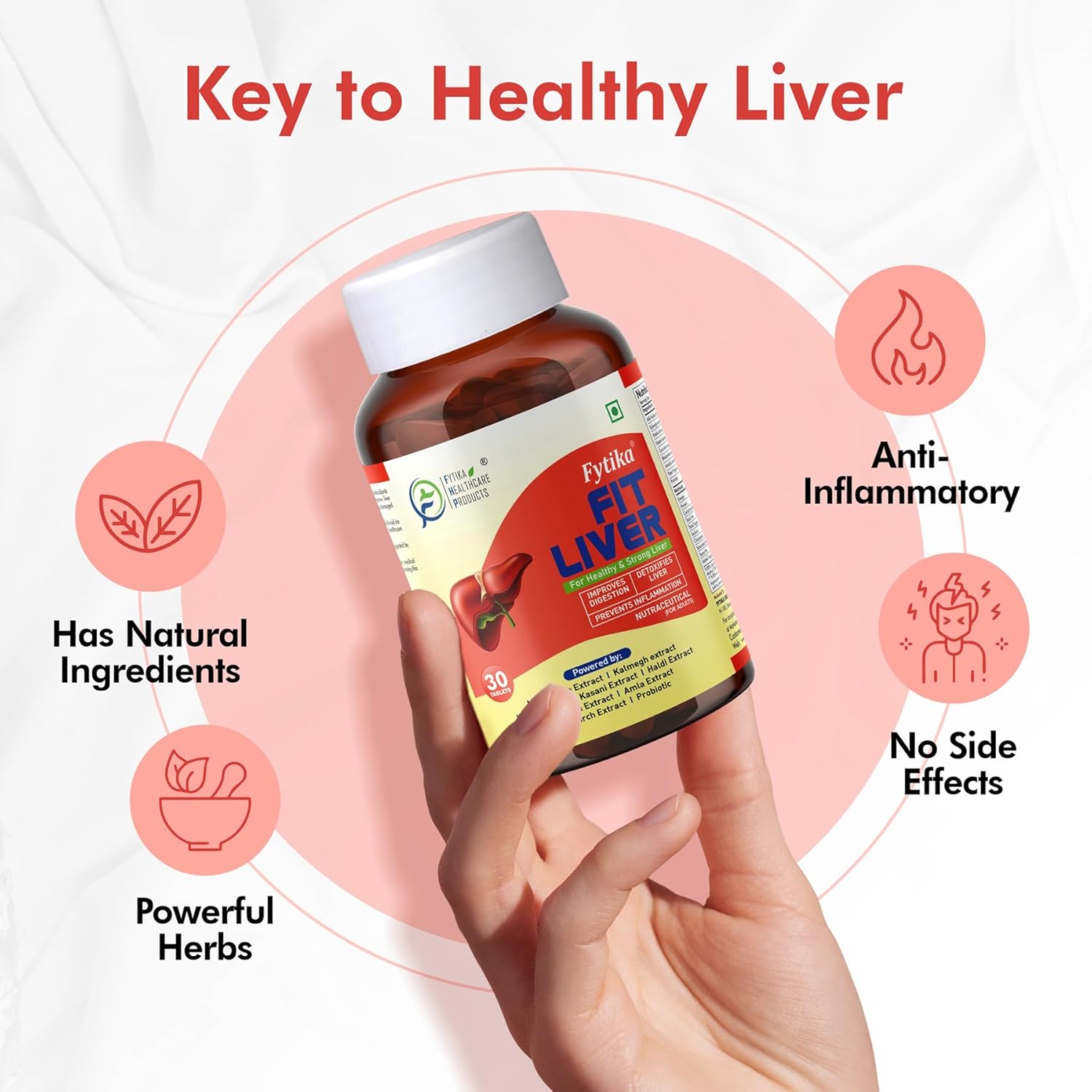 Bottle of 'Fit Liver' supplement held by a hand with text highlighting benefits on a pink background