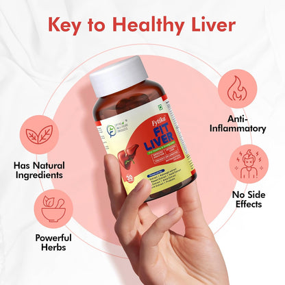 Bottle of 'Fit Liver' supplement held by a hand with text highlighting benefits on a pink background