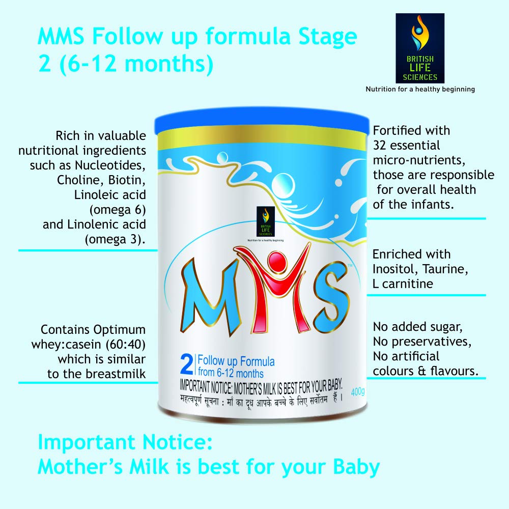 MMS Follow up formula Stage 2 container with product details on a white background