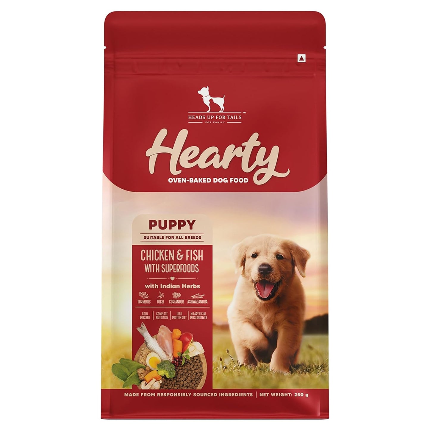 Hearty by HUFT Puppy Dry Food | Oven-Baked Chicken & Fish, All Breeds - 250 gm | Complete & Balanced Food for Puppy | No Corn, Soy, GMO or Added Flavours | Farm-Fresh Ingredients