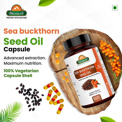 Biosash Sea Buckthorn Seed Oil Capsules 30 Caps | CO2 Extracted from Certified Organic Berries | Omega 3 6 7 9 | Liver Health | Rich in Antioxidants & Vitamins | Skin, Hair, Immunity & Wellness |