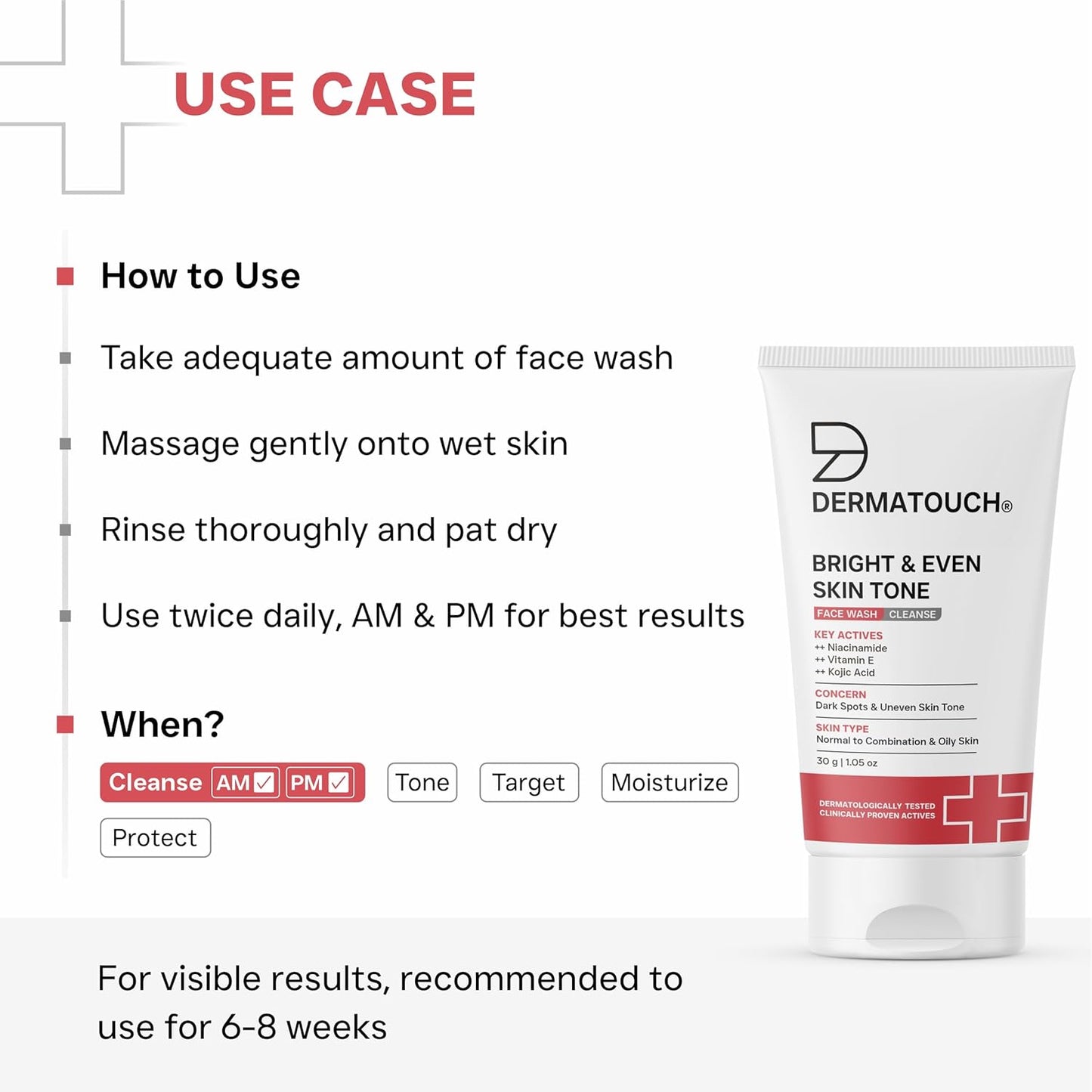DERMATOUCH Bright & Even Tone Face Wash with Niacinamide, Vitamin E and Kojic Acid | For Tan, Pigmentation Dark Spots & Uneven Skin Tone | Oil Control | Dermatologist Tested | For Men & Women | 30g