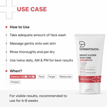 DERMATOUCH Bright & Even Tone Face Wash with Niacinamide, Vitamin E and Kojic Acid | For Tan, Pigmentation Dark Spots & Uneven Skin Tone | Oil Control | Dermatologist Tested | For Men & Women | 30g