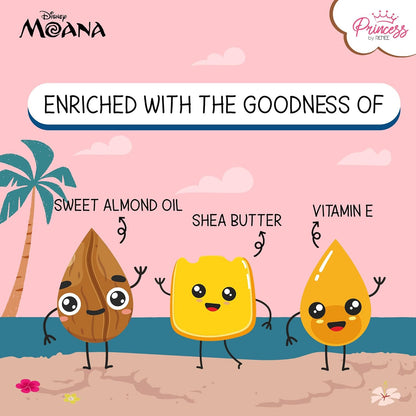 Cartoon depiction of sweet almond oil, shea butter, and vitamin E on a beach with palm trees and flowers.