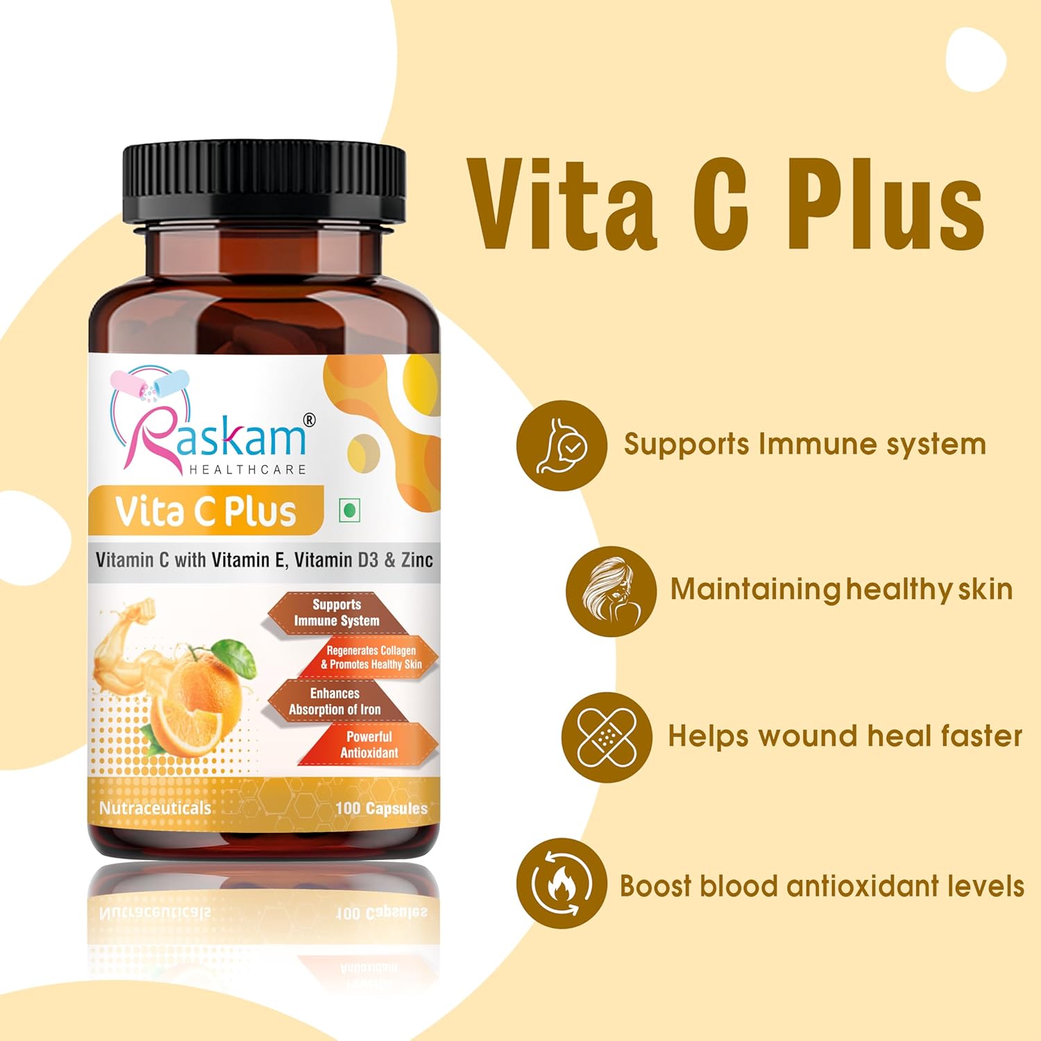Vita C Plus supplement bottle with Raskam Healthcare branding on a beige background