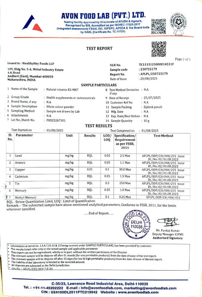 Avon Food Lab test report with various certifications and details.